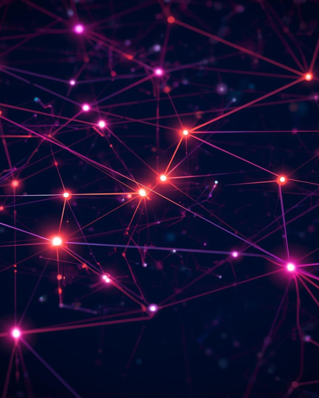 A digital image featuring interconnected glowing points and lines in shades of pink, purple, and red, creating a web-like network against a dark background.