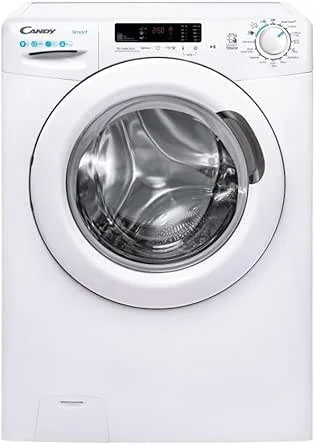 Front view of a white Candy Smart washing machine with a digital control panel and a round glass door.