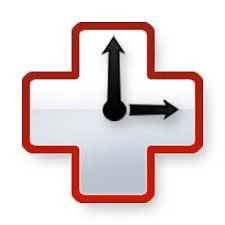 A clock-shaped sign with a black upward arrow and a black rightward arrow, outlined in red.