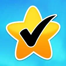A yellow star with a black checkmark in the center on a blue background
