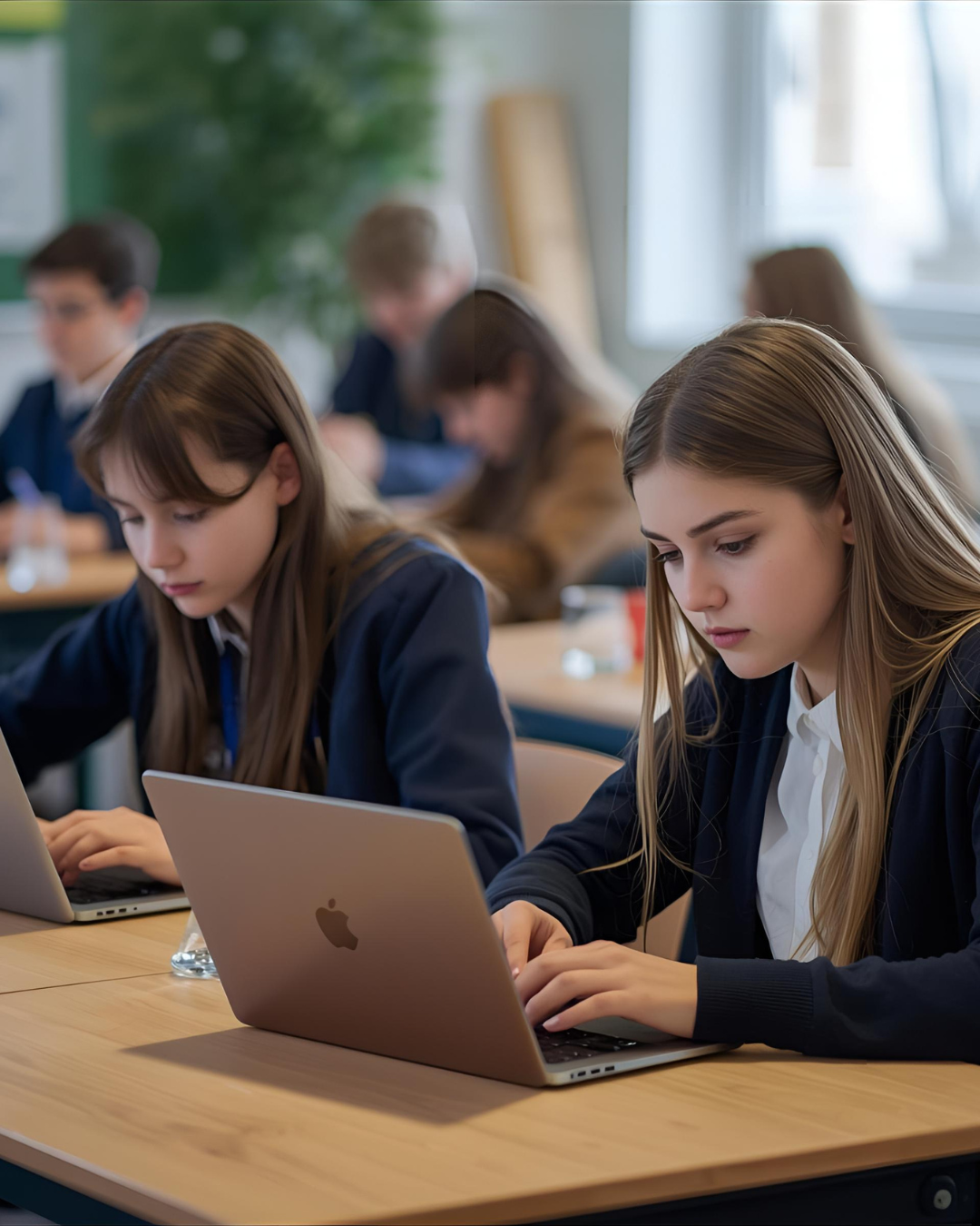 Students working on laptops in a classroom.