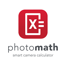 Photomath app logo with red icon and white mathematical symbol, and 'photomath' text below, labeled as a smart camera calculator.