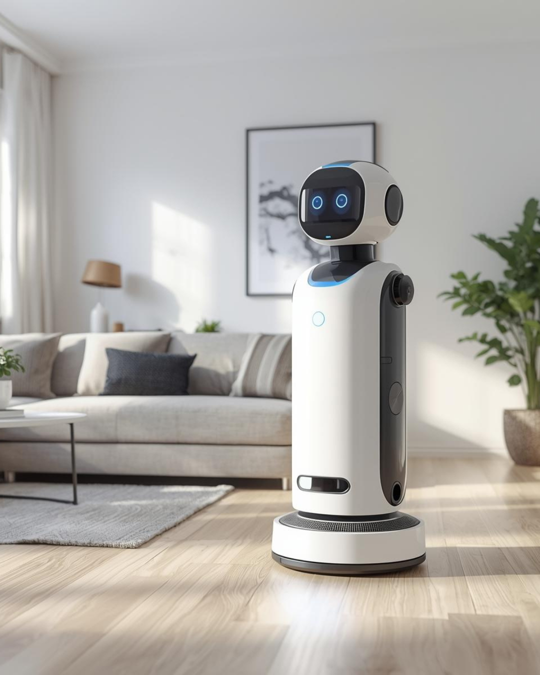 A humanoid robot standing on a wooden floor in a modern living room with a beige sofa, dark throw pillow, plant, and framed artwork on the wall.