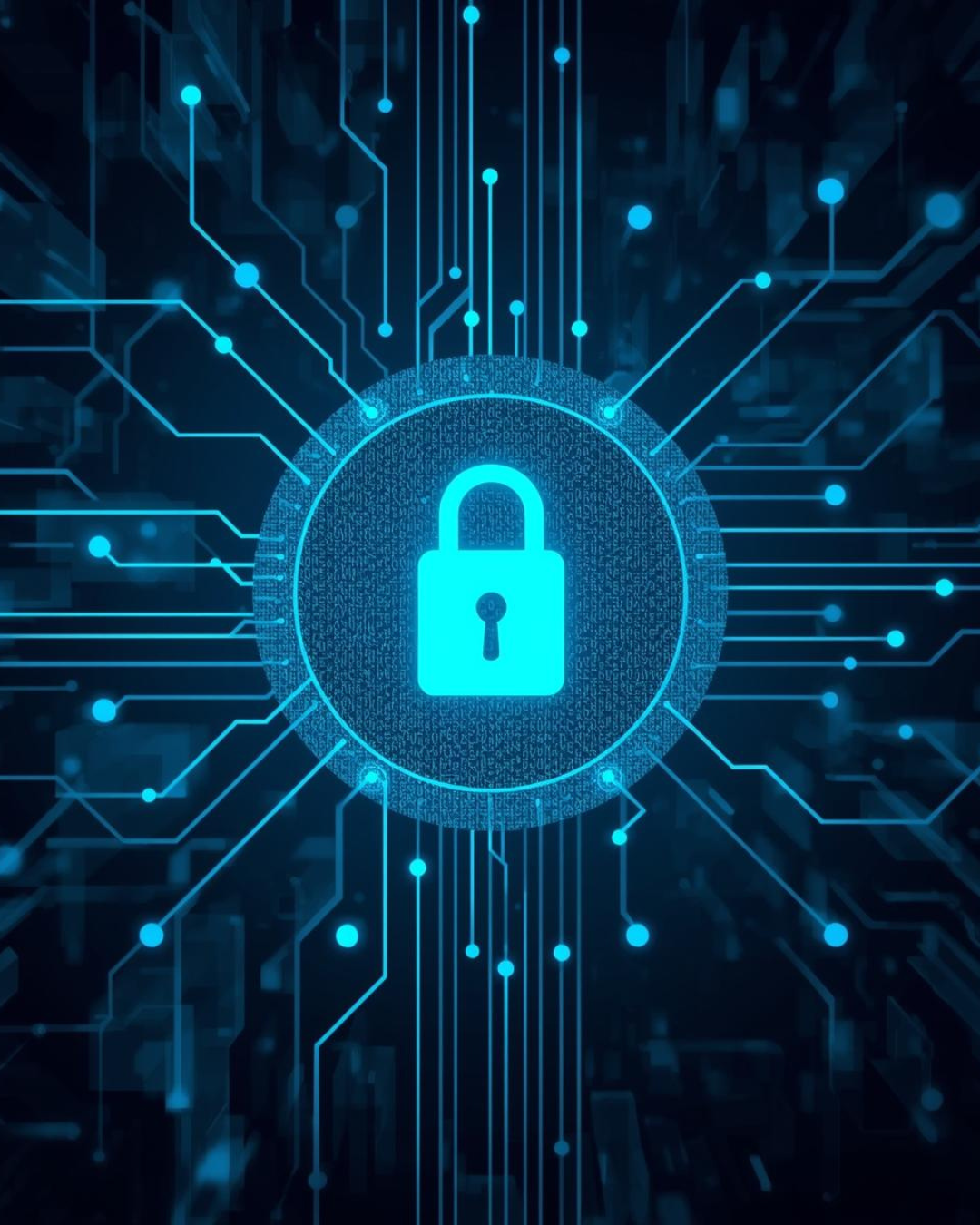 Digital security theme, lock icon at center with circuitry and binary code surrounding it.
