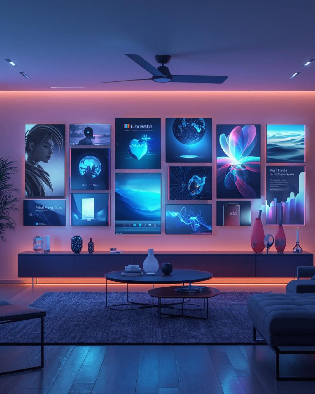 A modern living room with a wall decorated with various digital art posters illuminated by pink and blue LED lighting, a ceiling fan, and a low black TV cabinet with vases and decorative items. There's a round coffee table with vases and a bookshelf with seating nearby.
