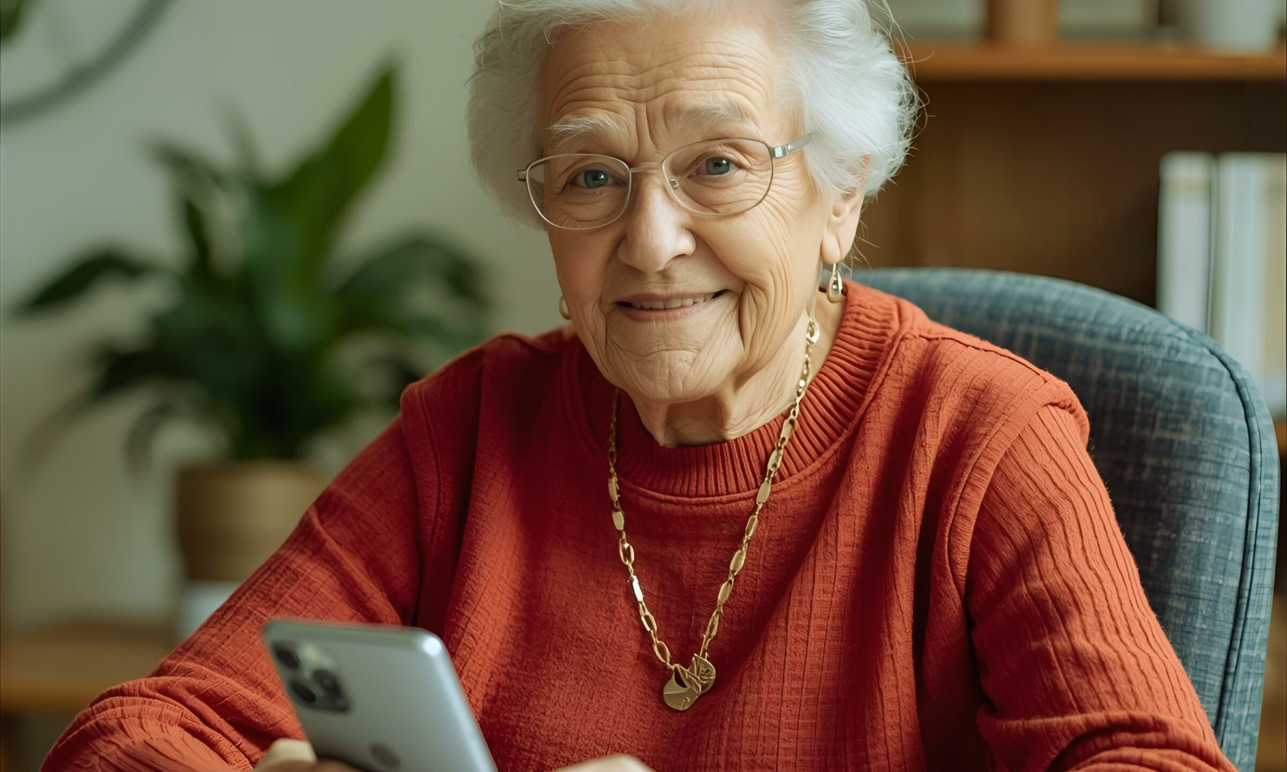 An elderly woman with white hair and glasses smiling while looking at her phone.