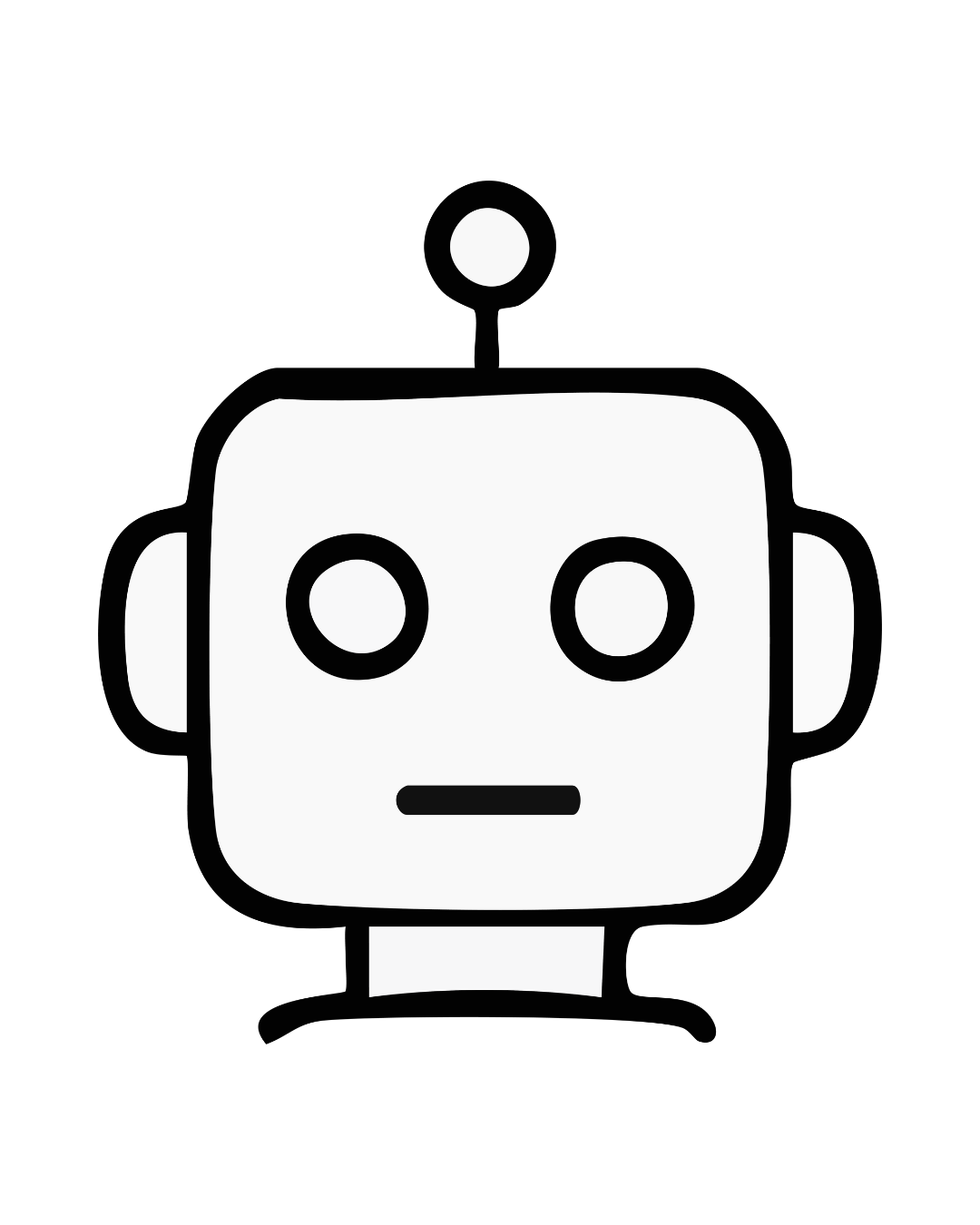 Line drawing of a robot head with square shape, two round eyes, a small straight mouth, ear-like shapes on each side, and an antenna on top.