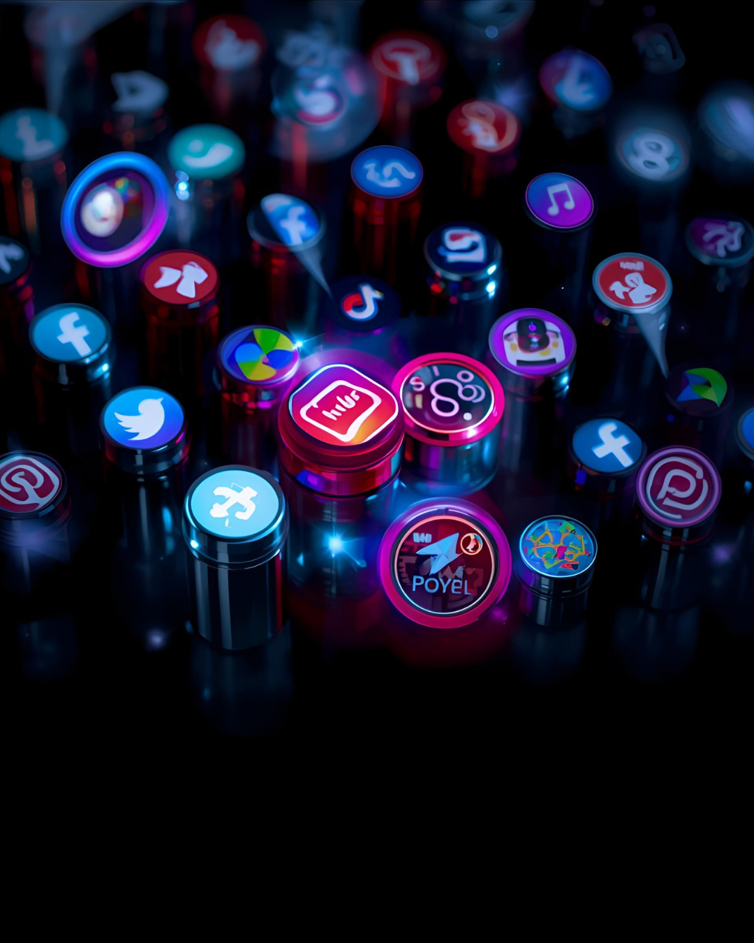 Colorful illuminated icons of social media and messaging apps on metallic cylindrical bases.