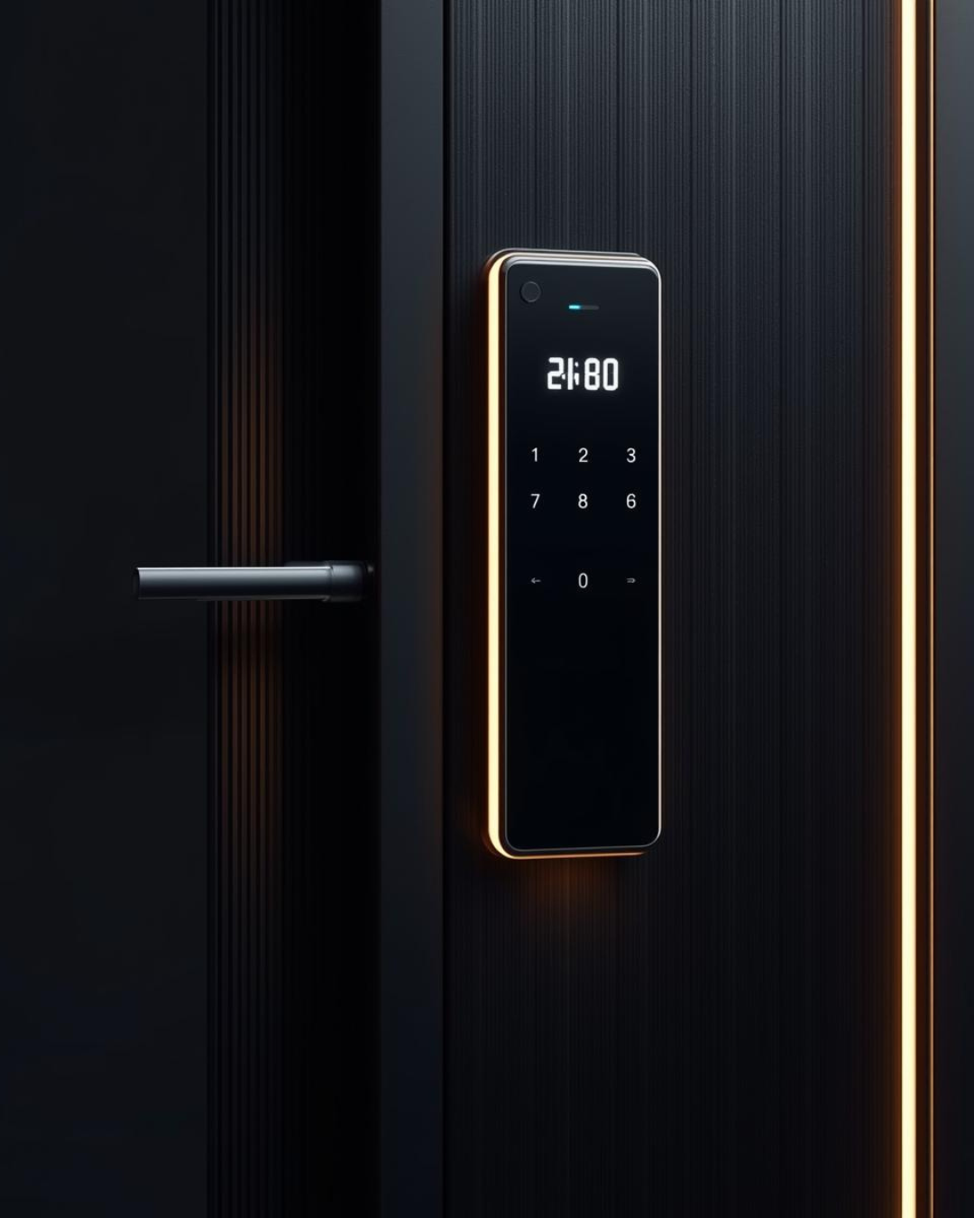 Close-up of a modern door lock with a digital keypad and LED display on a black door.
