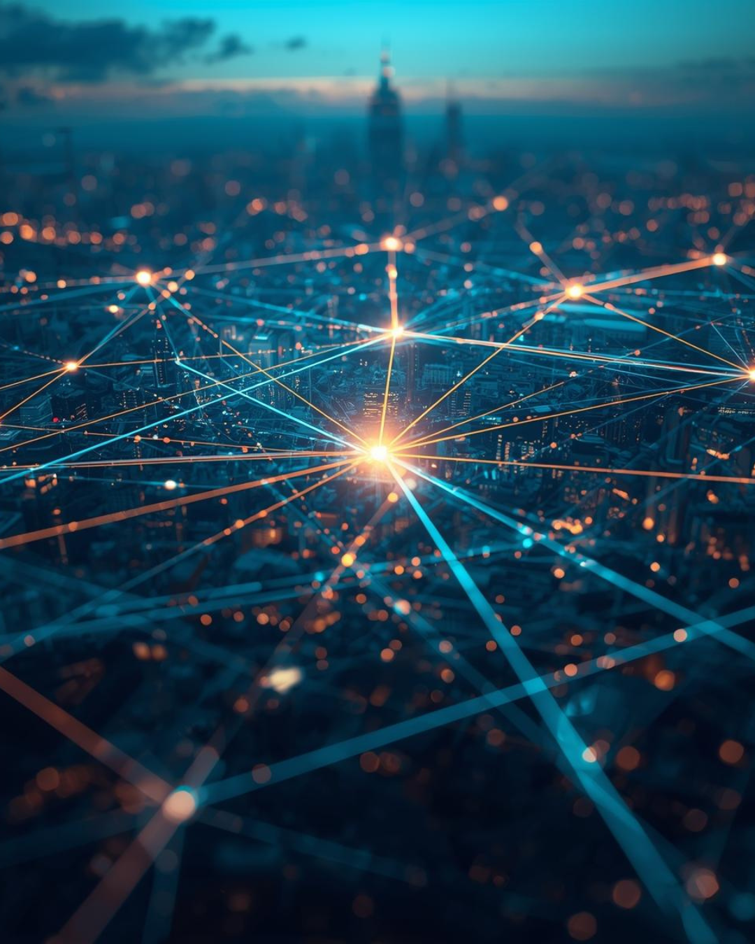 A digital representation of a network connecting points across a cityscape at night with a glowing light at the center.