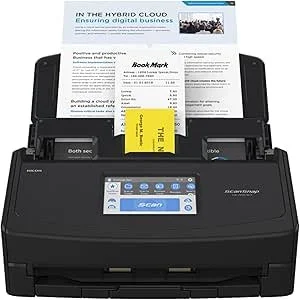 A black scanner with a document tray holding a printed receipt and a yellow note, showing a small digital display screen with control buttons.