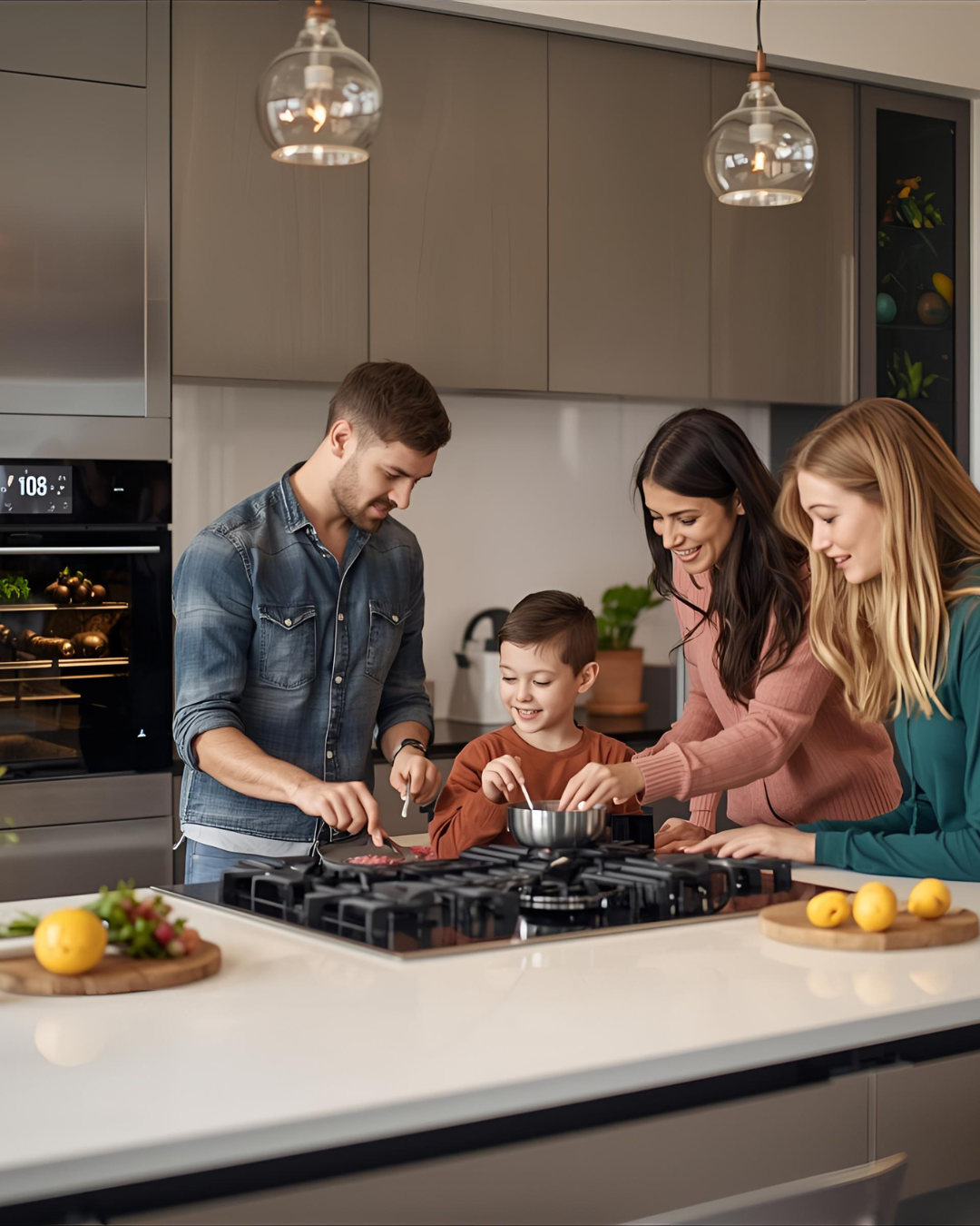 A family of four, including a man, a woman, a young boy, and a girl, cooking together in a modern kitchen, smiling and laughing around a stove with various ingredients and utensils on the counter.