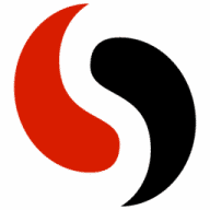 Abstract logo with black, red, and white curved shapes.