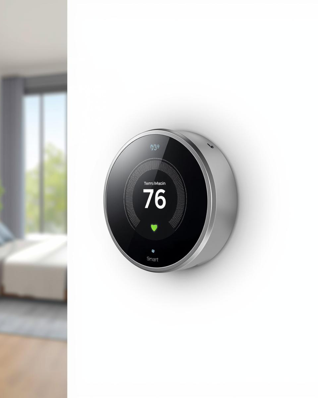 Smart thermostat on a white wall displaying a temperature of 76 degrees with a green heart icon beneath the temperature.