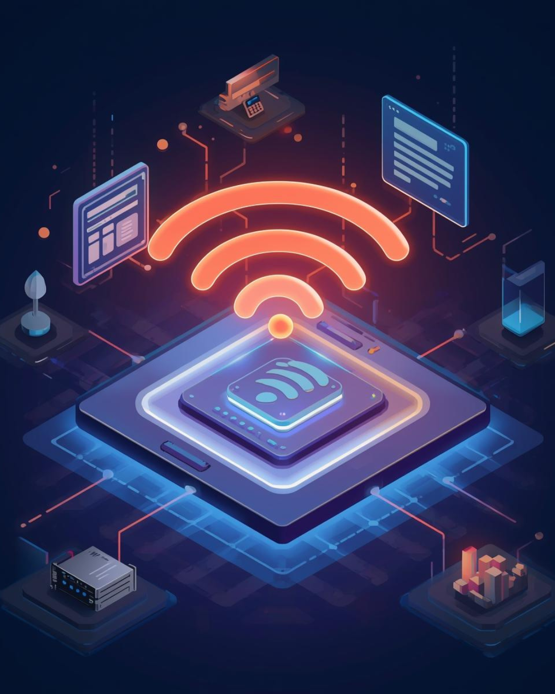 Digital illustration of a wireless network with a central device emitting Wi-Fi signals and connected icons including documents, a keyboard, a chart, and network equipment.