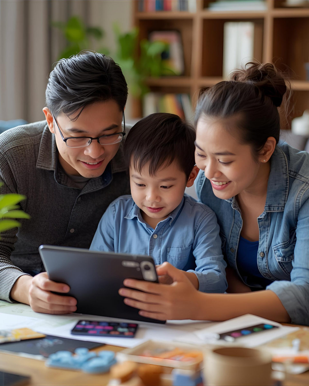 Family of three looking at a tablet together at a table with art supplies and books in a cozy home setting.