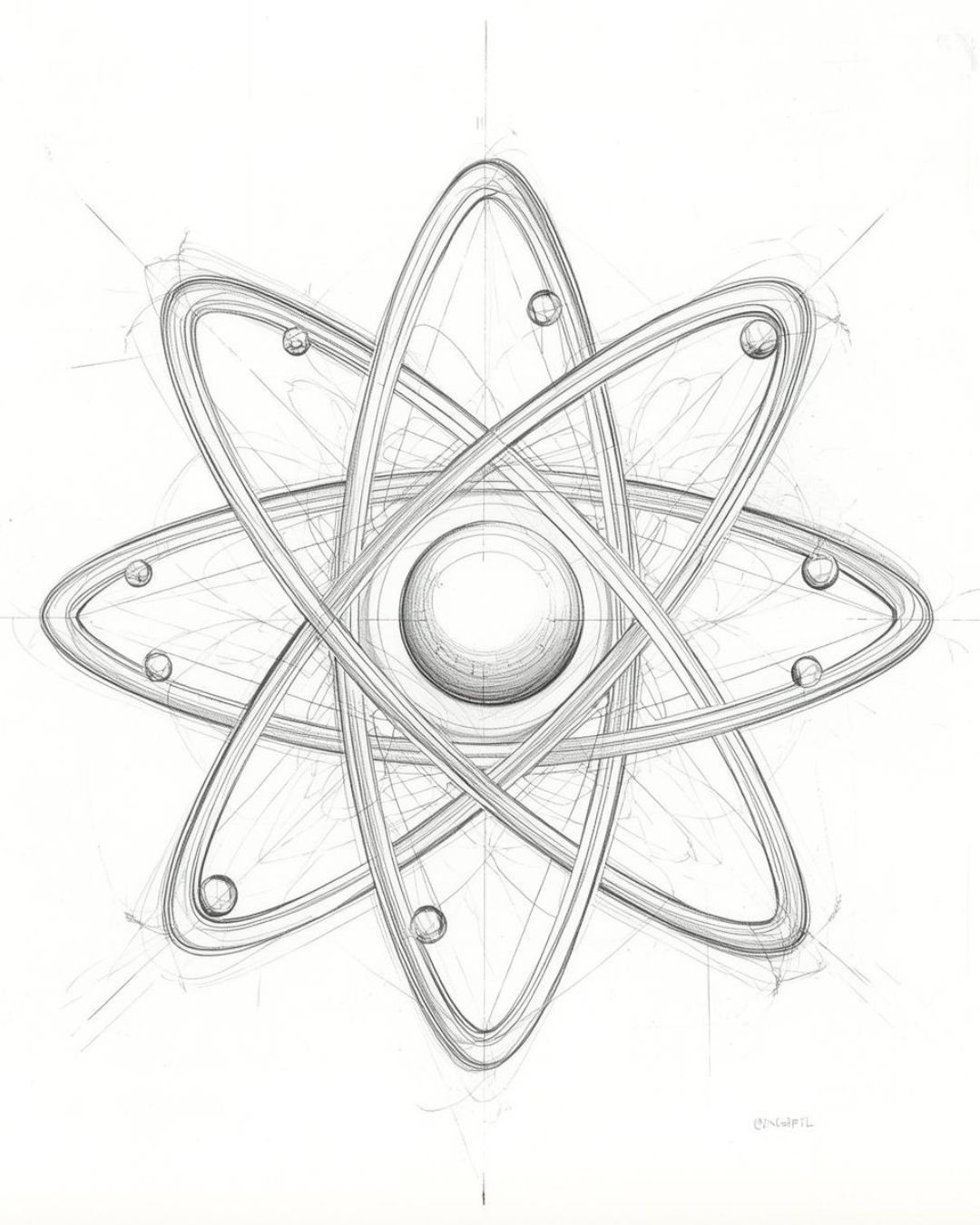 Sketch of an atomic model with orbiting electrons around a central nucleus.