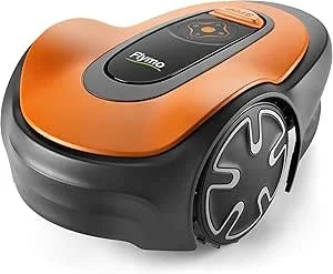 A compact robotic vacuum cleaner with an orange and black design and large side wheels.