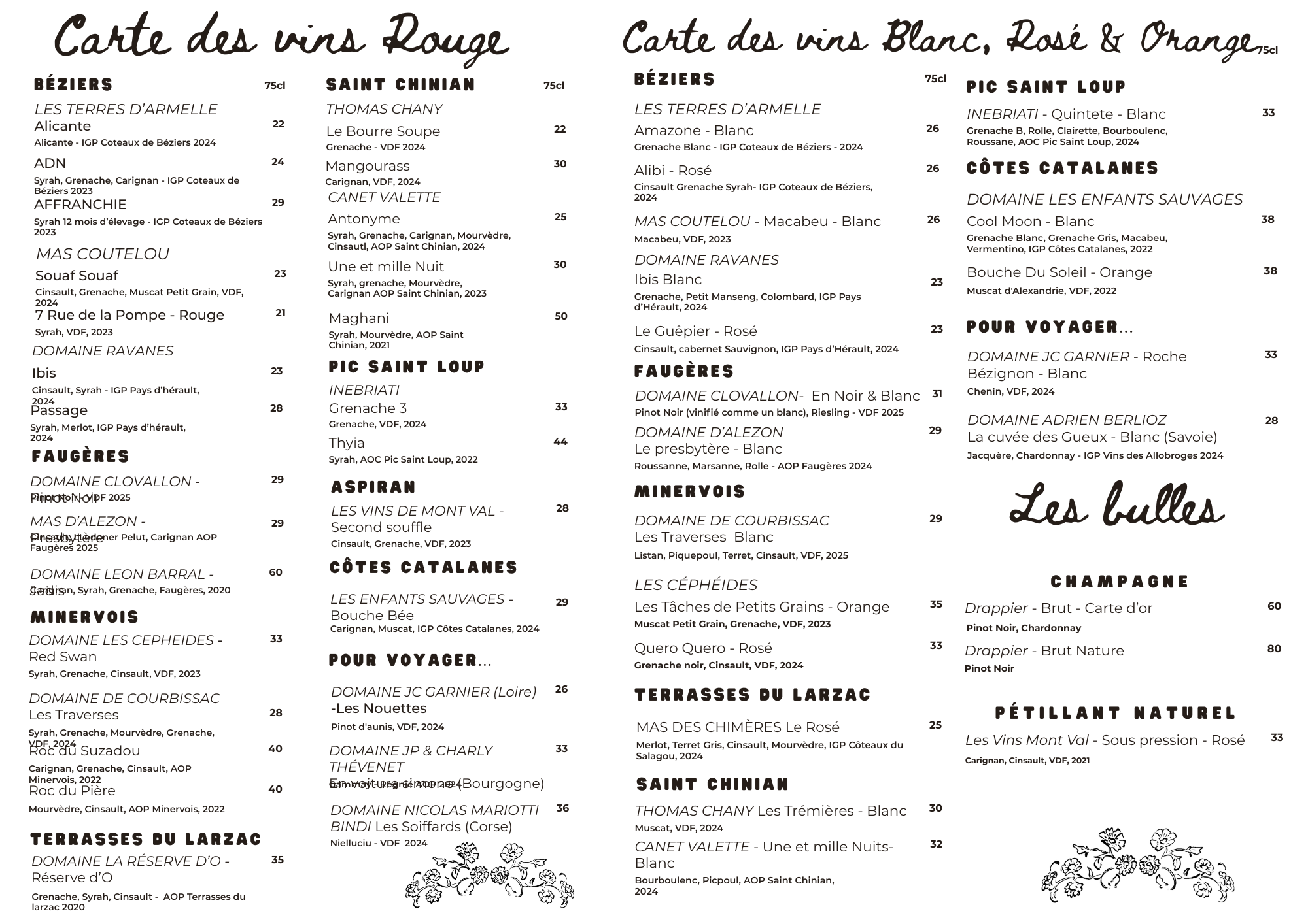 Menu de vins avec différentes catégories de vins, noms, régions, millésimes, et prix, avec décor floral en bas.