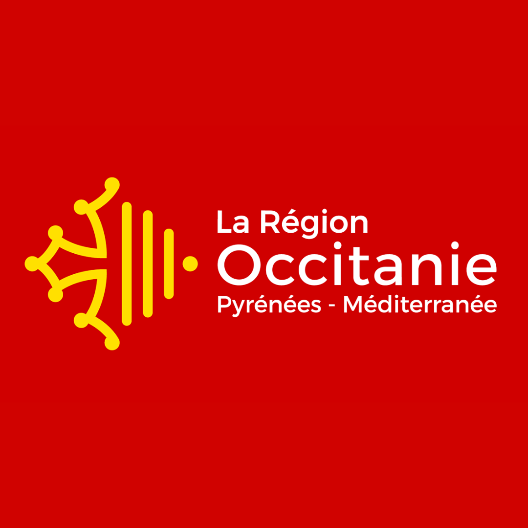 Logo de la région Occitanie avec un fond rouge, un symbole jaune à gauche et le texte blanc indiquant La Région Occitanie, Pyrénées-Méditerranée.
