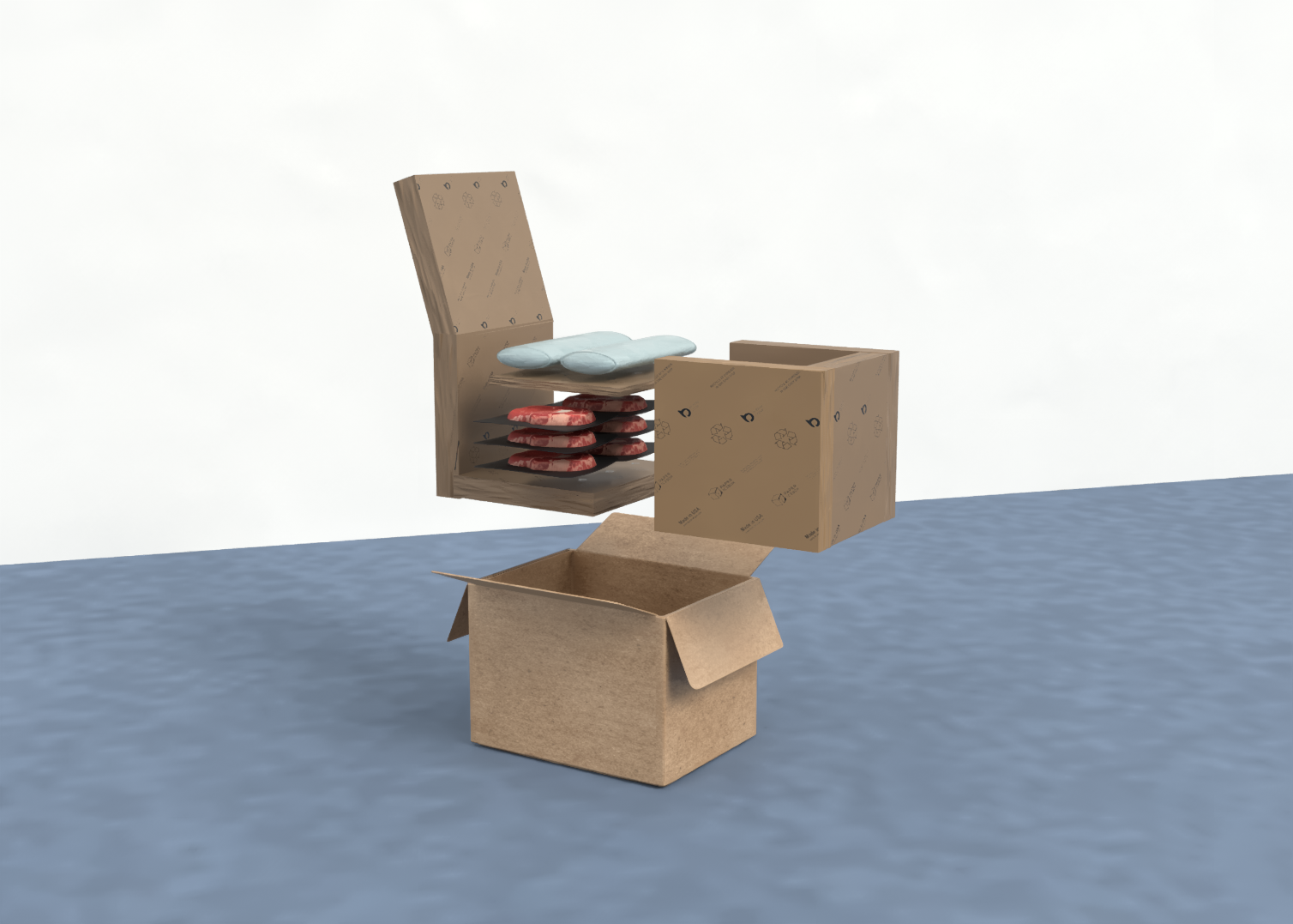 expanded view of a cold-chain pack out showing our bubble paper liners and bubble paper pads showcasing meat packaging