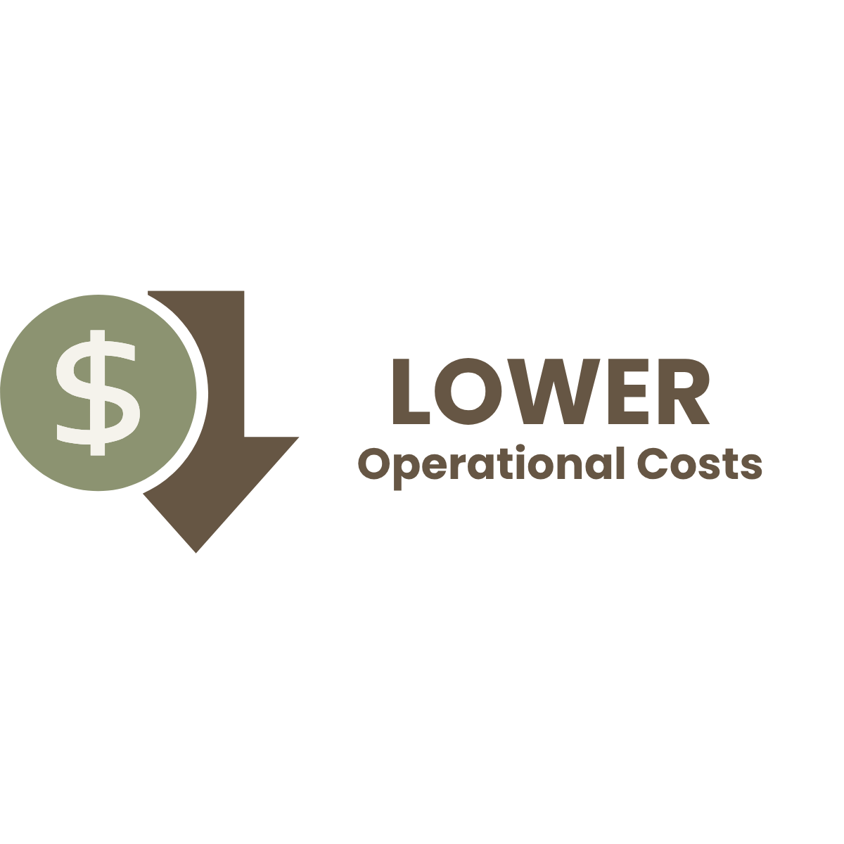 A green circle with a white dollar sign, pointing downward with a brown arrow, next to the words "Lower Operational Costs" in brown text.