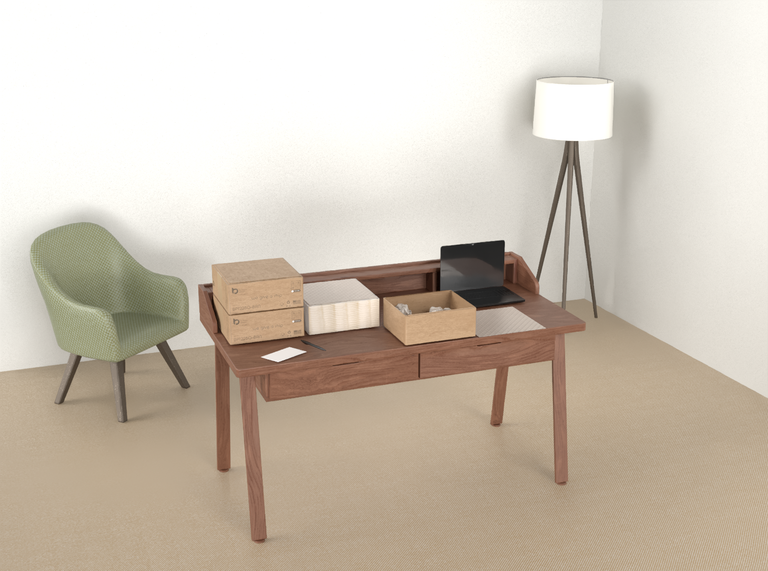 Office space with a wooden desk, green upholstered chair, white floor lamp, and various office supplies on the desk including bubble paper wrap. 100% curbside recyclable product and eco-friendly alternatives to plastic
