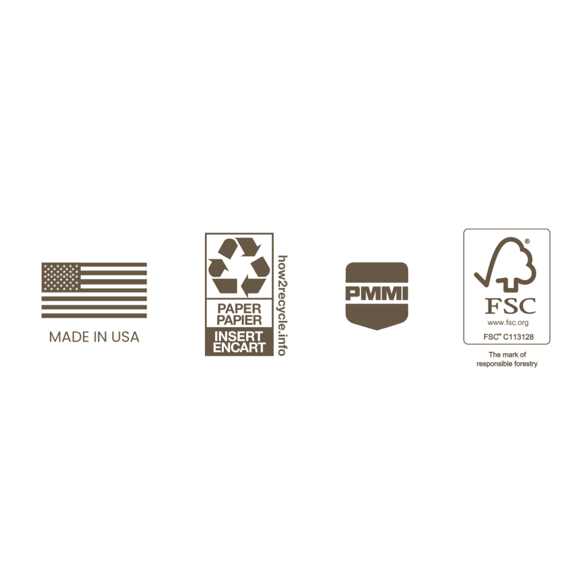 Set of four recycling and product labels including an American flag with 'Made in USA,' a paper recycling symbol with 'Insert Encart,' a product label with 'PMMI,' and an FSC logo with a tree and checkmark indicating responsible forestry.