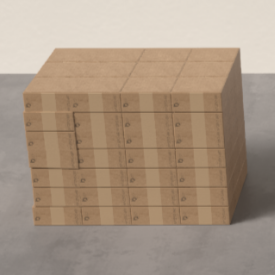 A wooden chest or box with grid-like markings and a handle on the side.