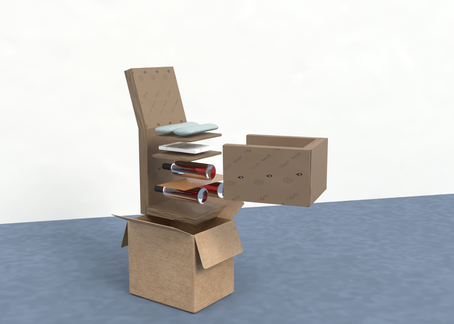 A cardboard box with its flaps open, containing a DIY rocket kit with a cardboard launcher, two plastic rockets, a wooden stand, and a cushion, placed outdoors on a body of water background.
