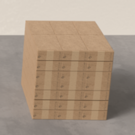 Stack of wooden blocks with a grid pattern on top, placed on a concrete floor against a plain wall.