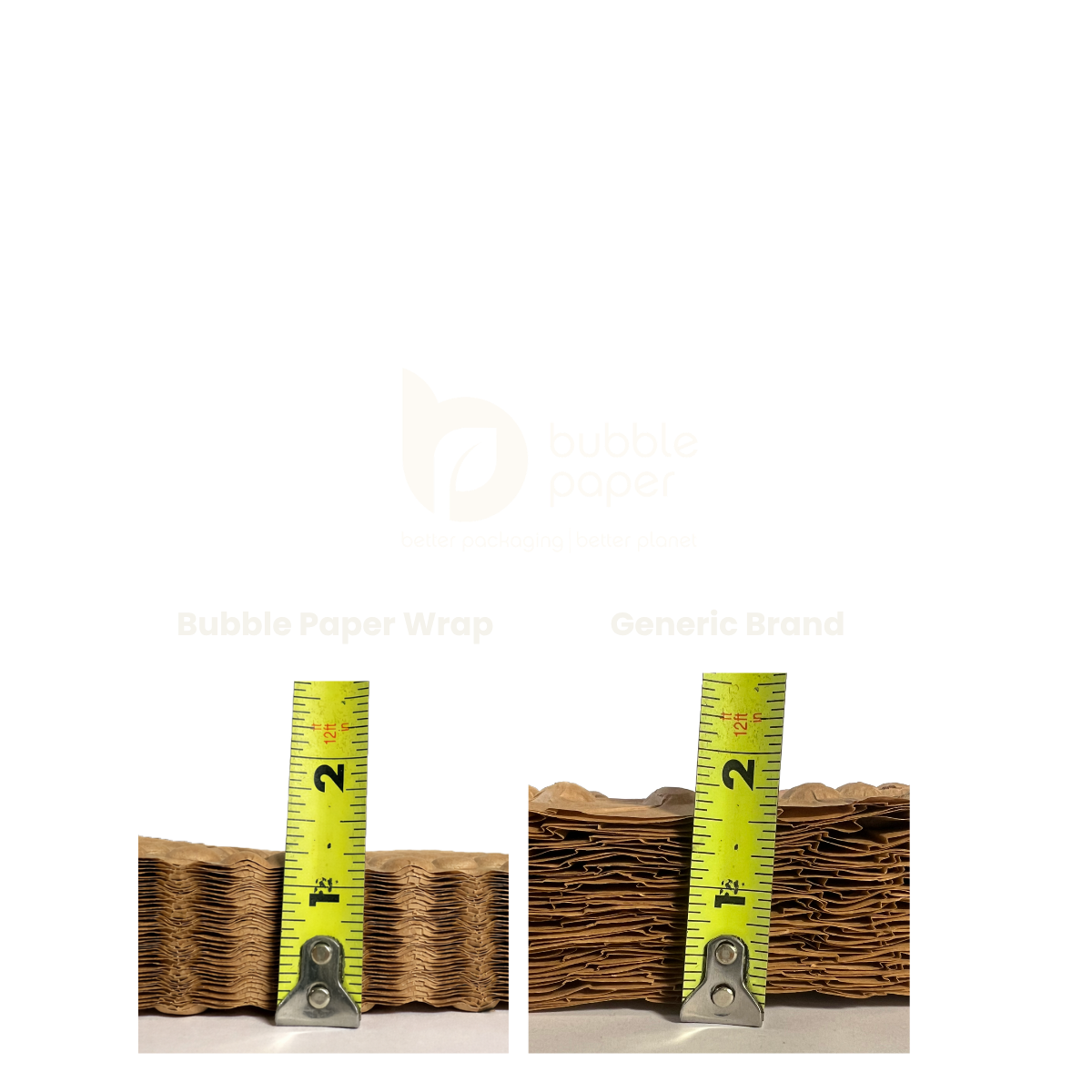 two measuring tapes showing the difference between how compact bubble paper wrap is compared to a generic competitor