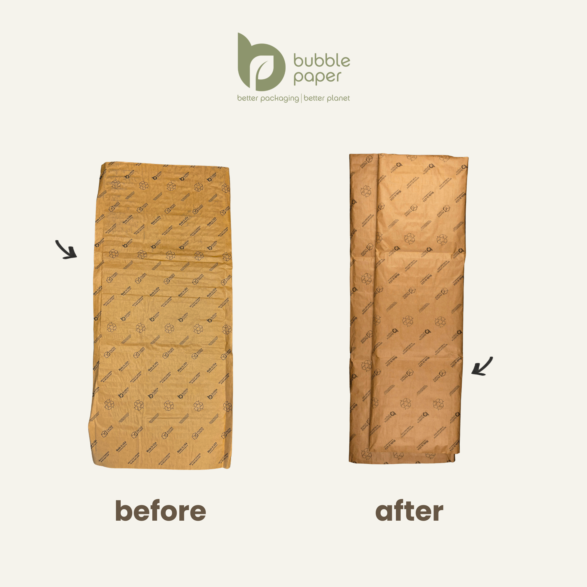 Comparison of two paper bags, one labeled 'before' and the other 'after', showing the transformation process.
