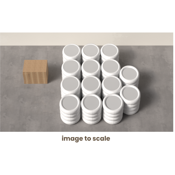 Stacked white cylindrical containers arranged in a U-shape on a gray surface, with a single cardboard box nearby.