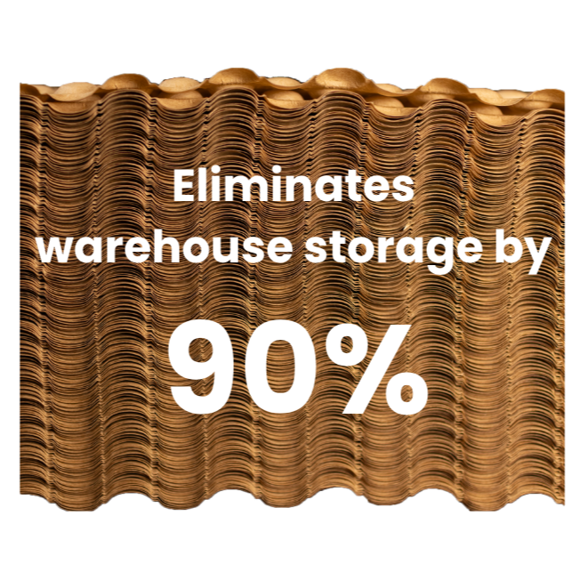 Close-up of a cardboard box with text overlay that reads, 'Eliminates warehouse storage by 90%'.