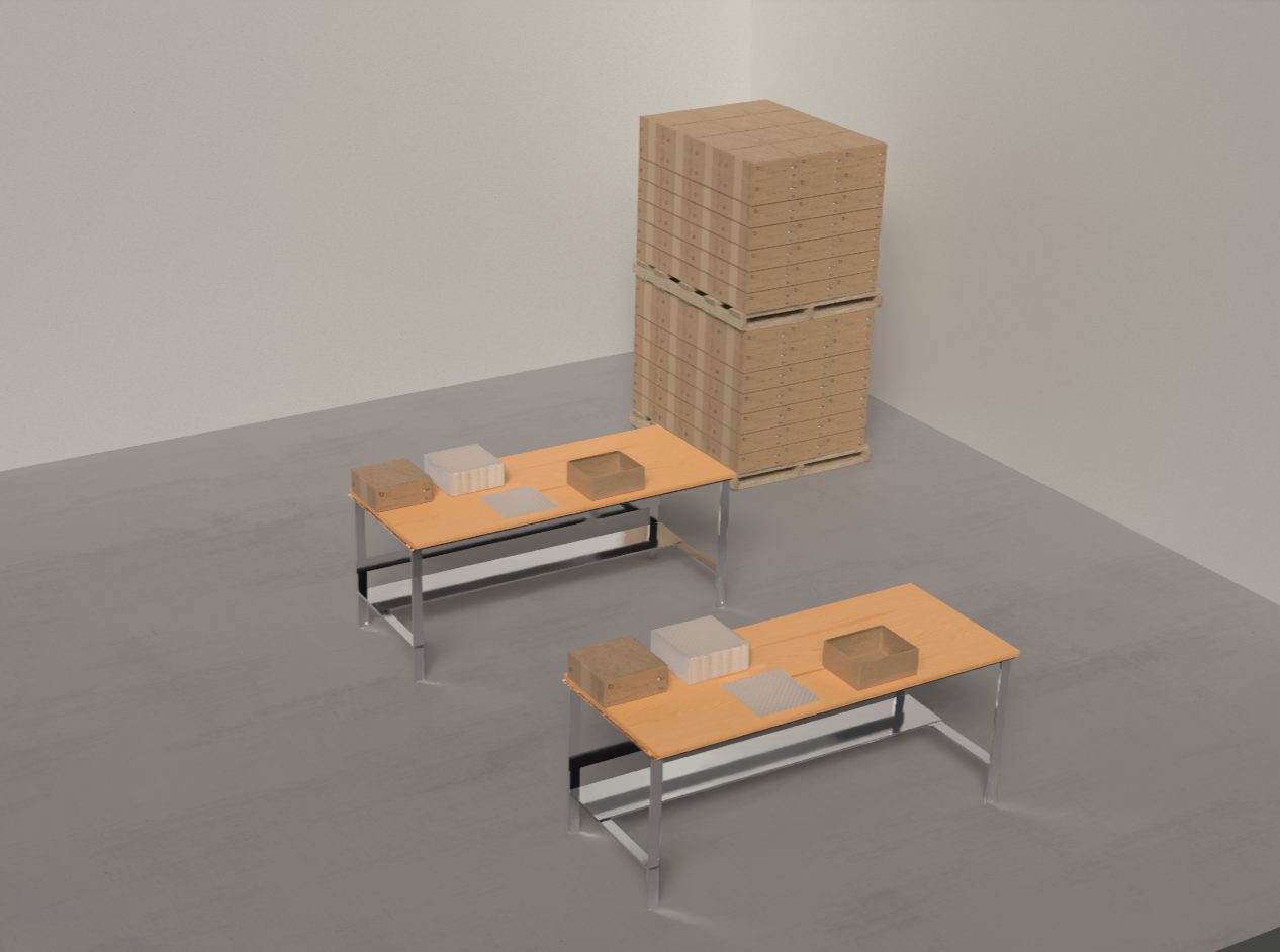 warehouse setting with pallets various office supplies on the work desks including bubble paper wrap. 100% curbside recyclable product and eco-friendly alternatives to plastic