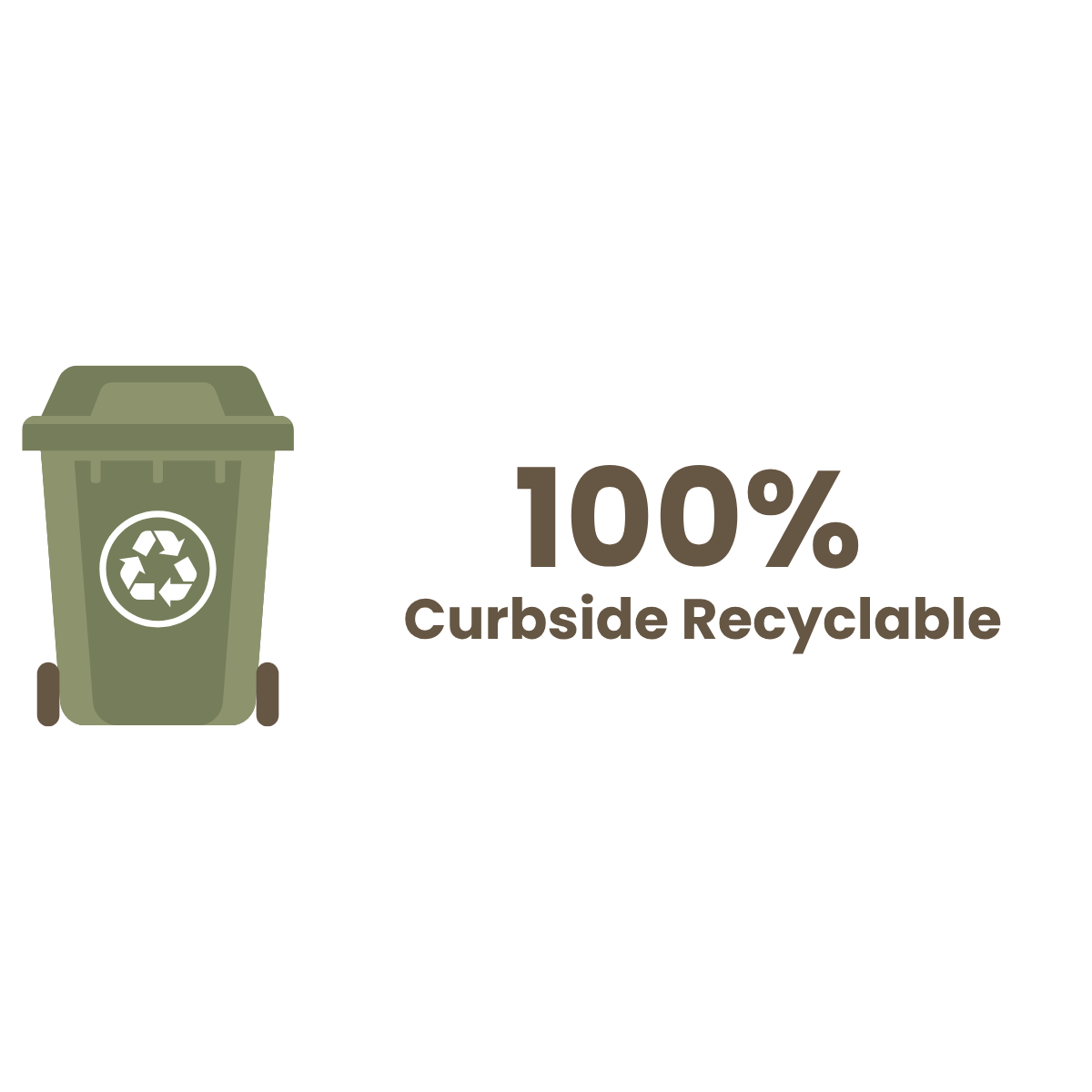A green recycling bin with a white recycle symbol, and text stating '100% Curbside Recyclable'