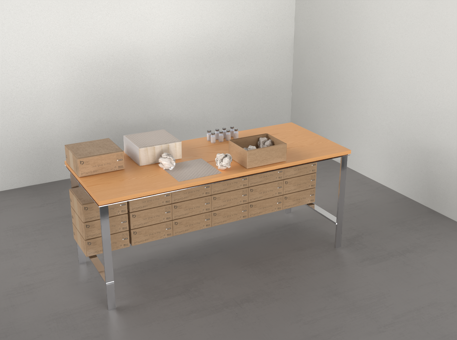 work bench including bubble paper wrap. 100% curbside recyclable product and eco-friendly alternatives to plastic