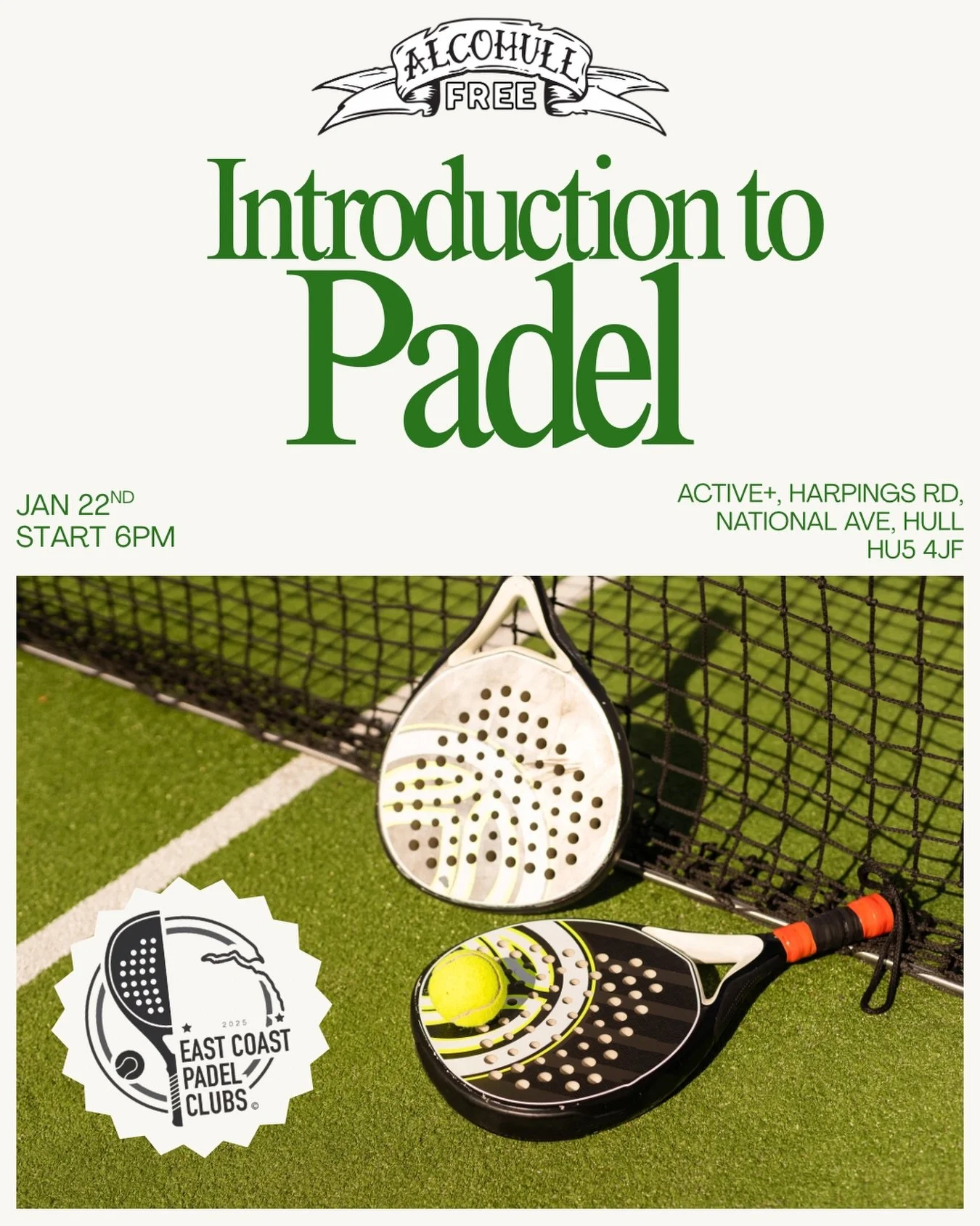 Introduction to Padel 🎾

Dry January doesn&rsquo;t have to be about sitting things out, it can be about trying something new, moving your body, and stepping a little outside your comfort zone.

On Thursday 22nd January at 6pm, we&rsquo;re heading to