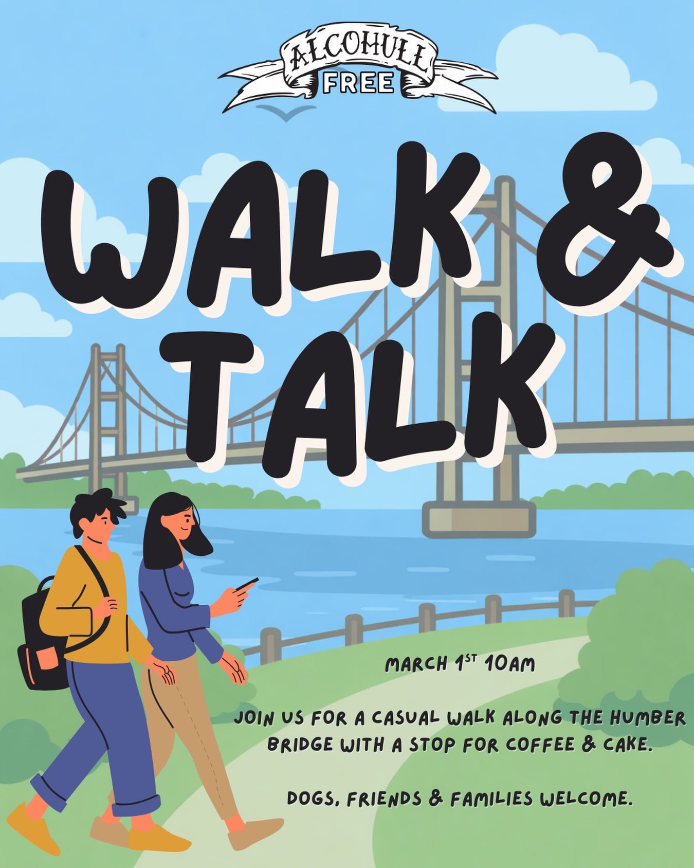 Walk &amp; Talk: The Humber Bridge

Join Alcohull Free for a relaxed Walk &amp; Talk across the Humber Bridge 🌉

We&rsquo;ll meet at the Humber Bridge car park and walk at an easy, social pace, plenty of time for chats and fresh air. After crossing,