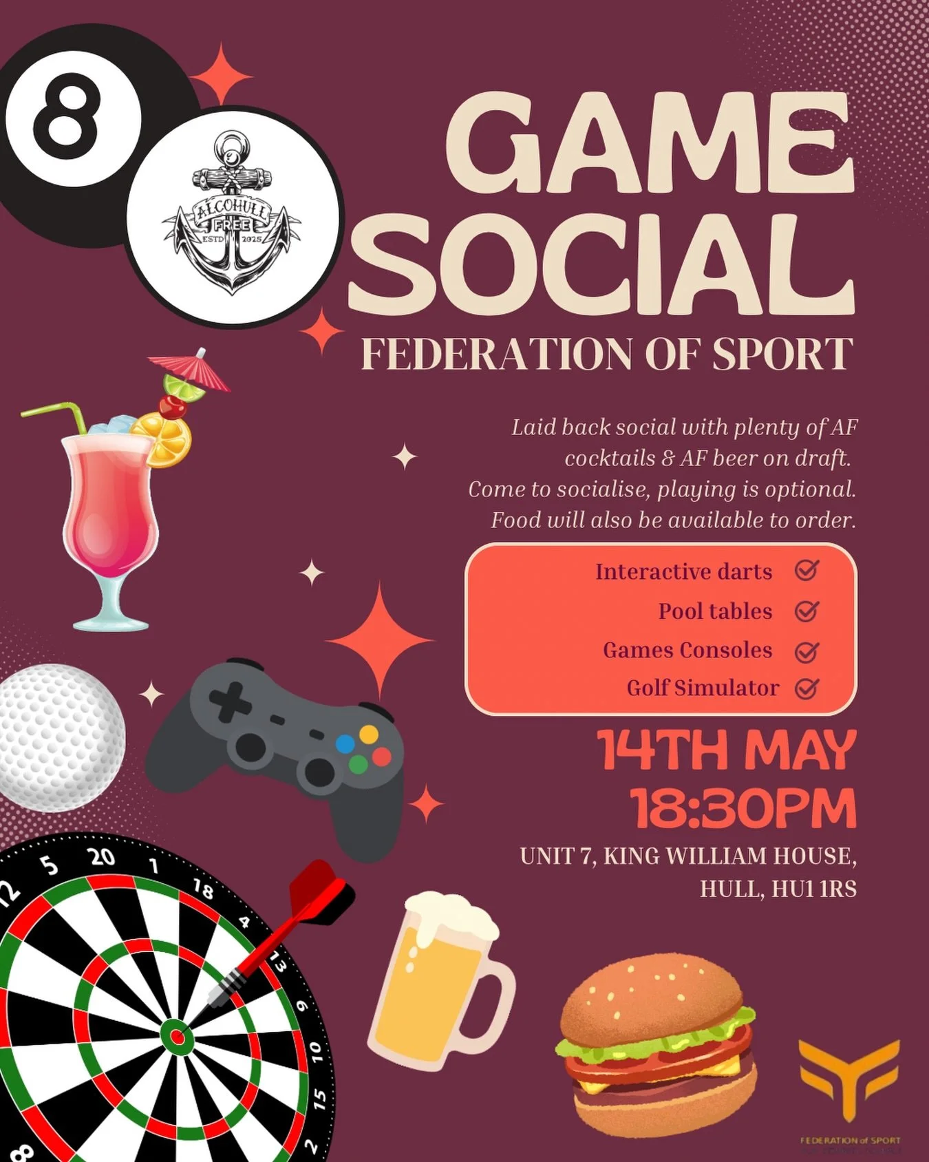 GAME SOCIAL 🎯

This will be a laid back social event where games are available on a pay if you play basis (no need to pre book).

They have a great range of AF cocktails and AF beer on draft so they have all options covered. 

Come along for the soc