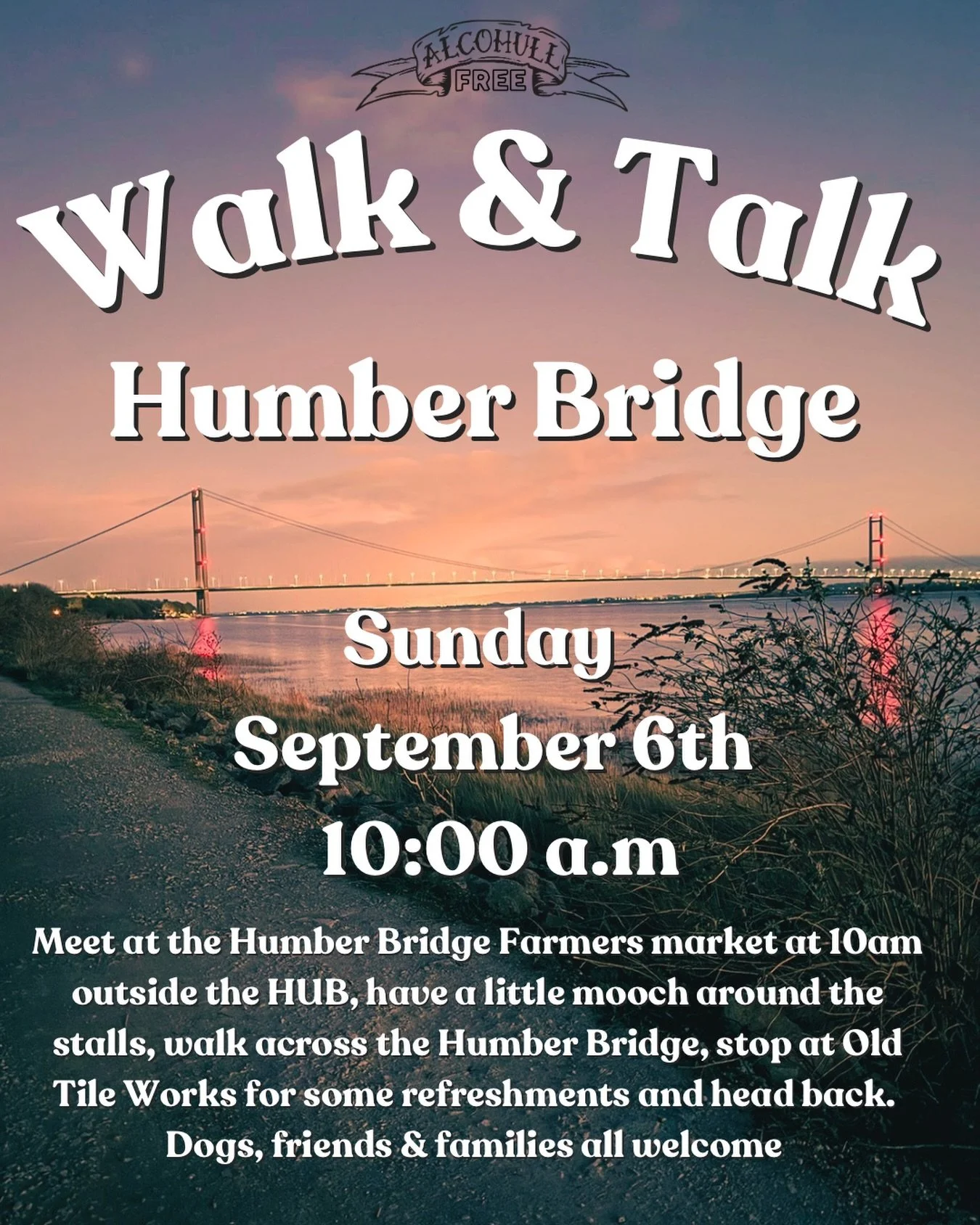 AHF WALK &amp; TALK ⚓️

Join us on our next Walk &amp; Talk across the Humber Bridge.

September 6th 10:00am

We will start at the Humber Bridge Farmers Market (Meet outside The Hub - Next to outside gym) 

We will have a little walk around, make our