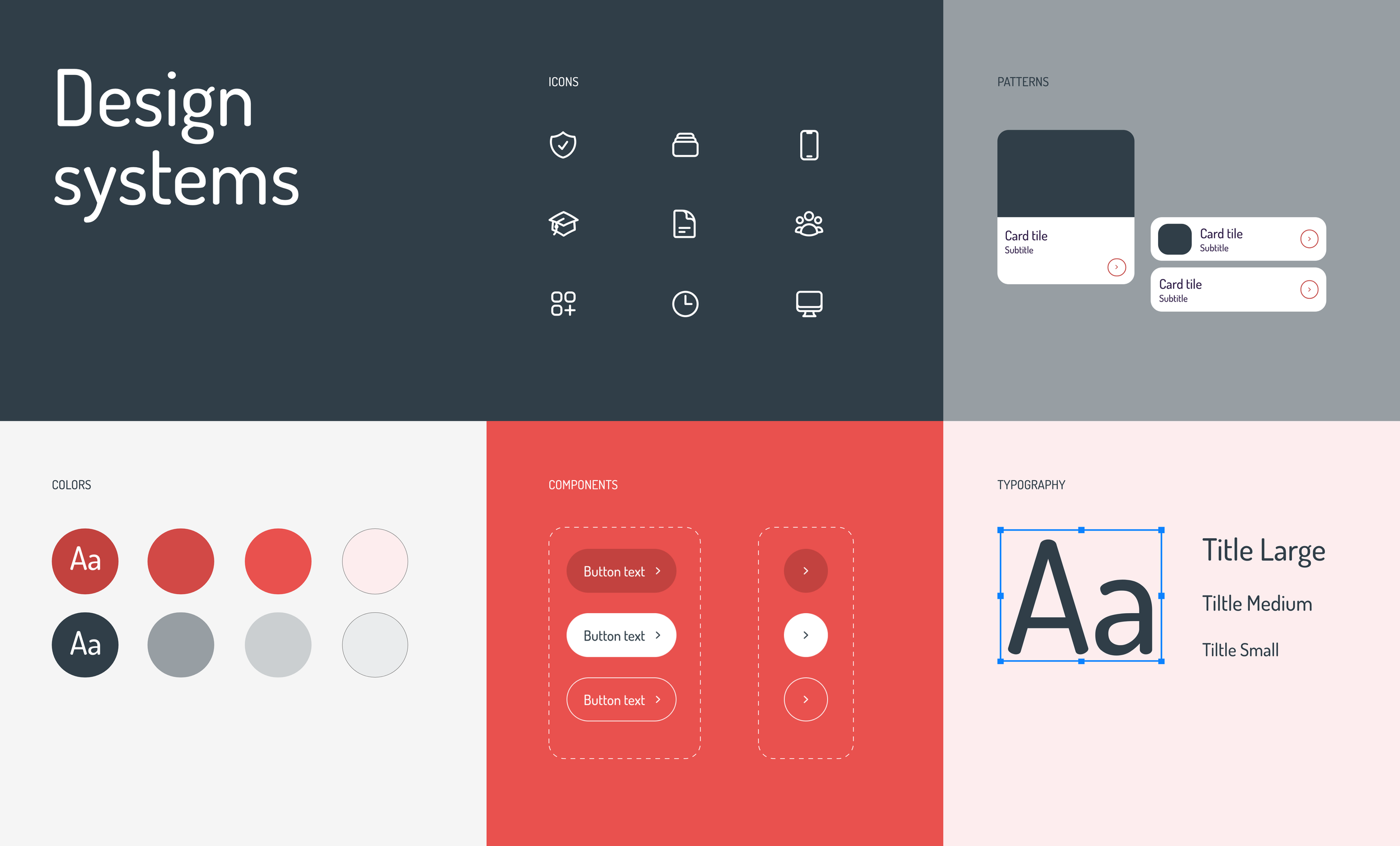 A digital design system dashboard with sections on colors, icons, patterns, components, and typography. The colors section includes red, black, gray, and white color palettes. The icons section shows shield, folder, phone, graduation cap, documents, group, grid, clock, and monitor icons. The patterns section displays three card tiles with different styles. The components section features button samples with various styles. The typography section illustrates large, medium, and small title examples on a light pink background.