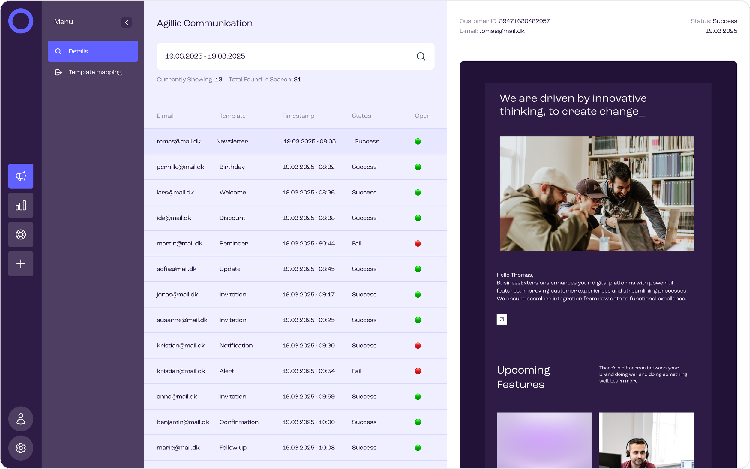 Screenshot of a communication dashboard with email data and a promotional message. The left side includes a menu, a search bar, and a list of emails with status indicators. The right side displays a message about innovative thinking and a group of people working together in a library.