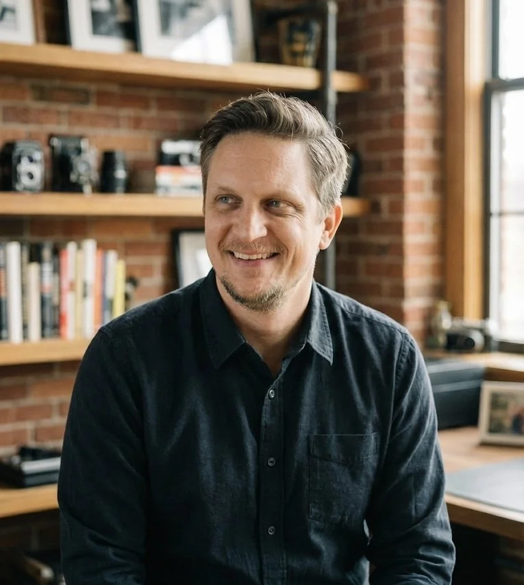 A man with short brown hair and a beard, smiling, wearing a dark button-up shirt, sitting in a cozy home office with brick walls, bookshelves, and large windows in the background.