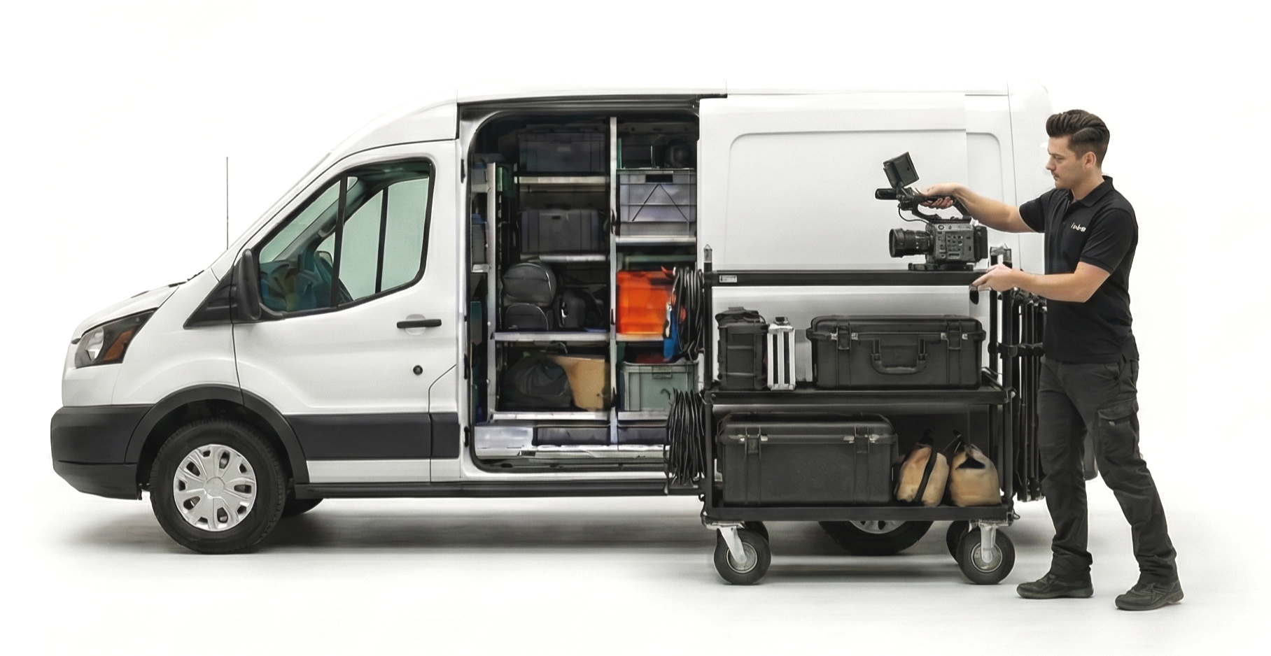 A man operating a professional video camera on a cart next to a white cargo van with the side door open, revealing organized equipment inside, set against a plain white background.