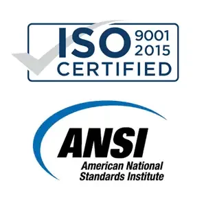 ISO 9001:2015 certified badge alongside ANSI American National Standards Institute logo.
