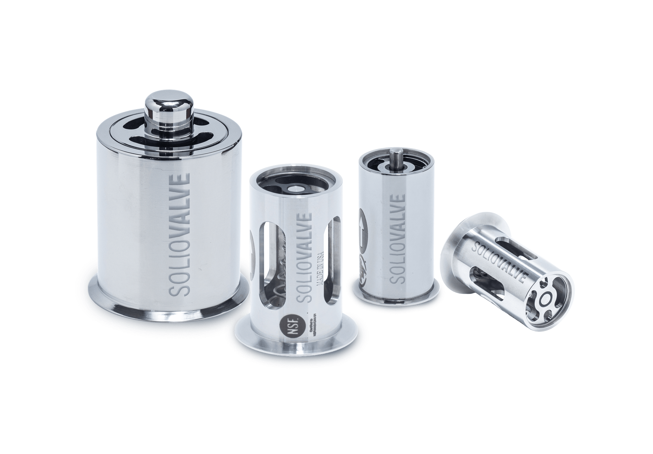 A set of silver batteries with transparent sections showing internal components, marked with the word 'SOLIVE' and made in the USA, arranged on a black background.