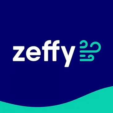 Zeffy logo with a stylized wind or water symbol on a dark blue background.