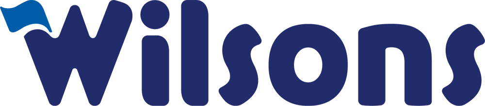 The logo for Wilsons, featuring the word 'wilsons' in bold, dark blue letters with a stylized flag icon in the top left corner.